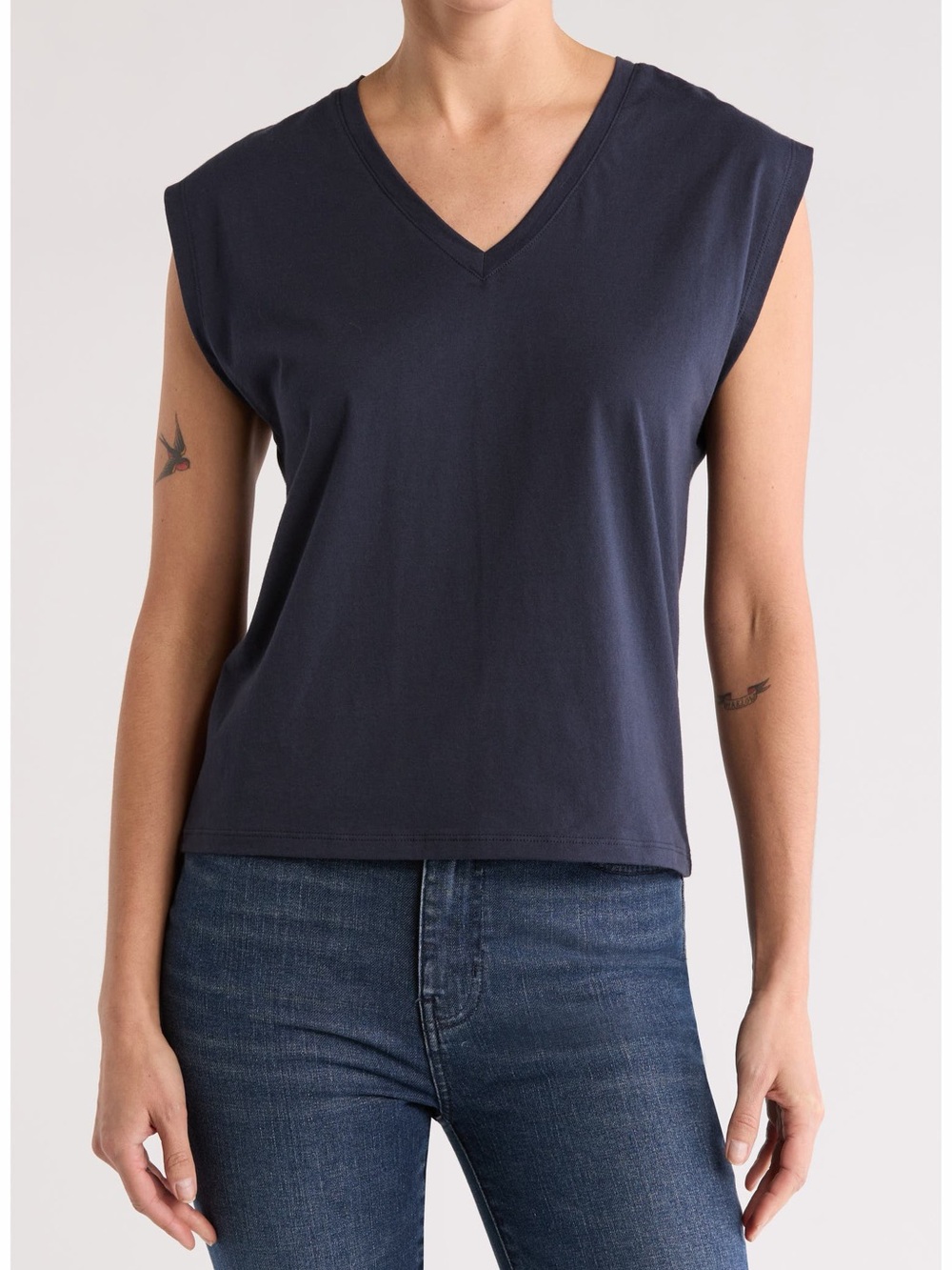 Nordstrom Pima Cotton Navy V Neck Sleeveless T Shirt Top Size L